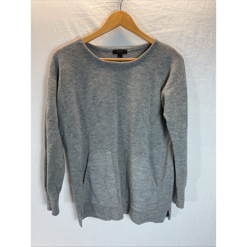 J.Crew 100% Merino Wool Patch Pocket Tunic Sweater Crew Neck Grey Women‎ Size S
